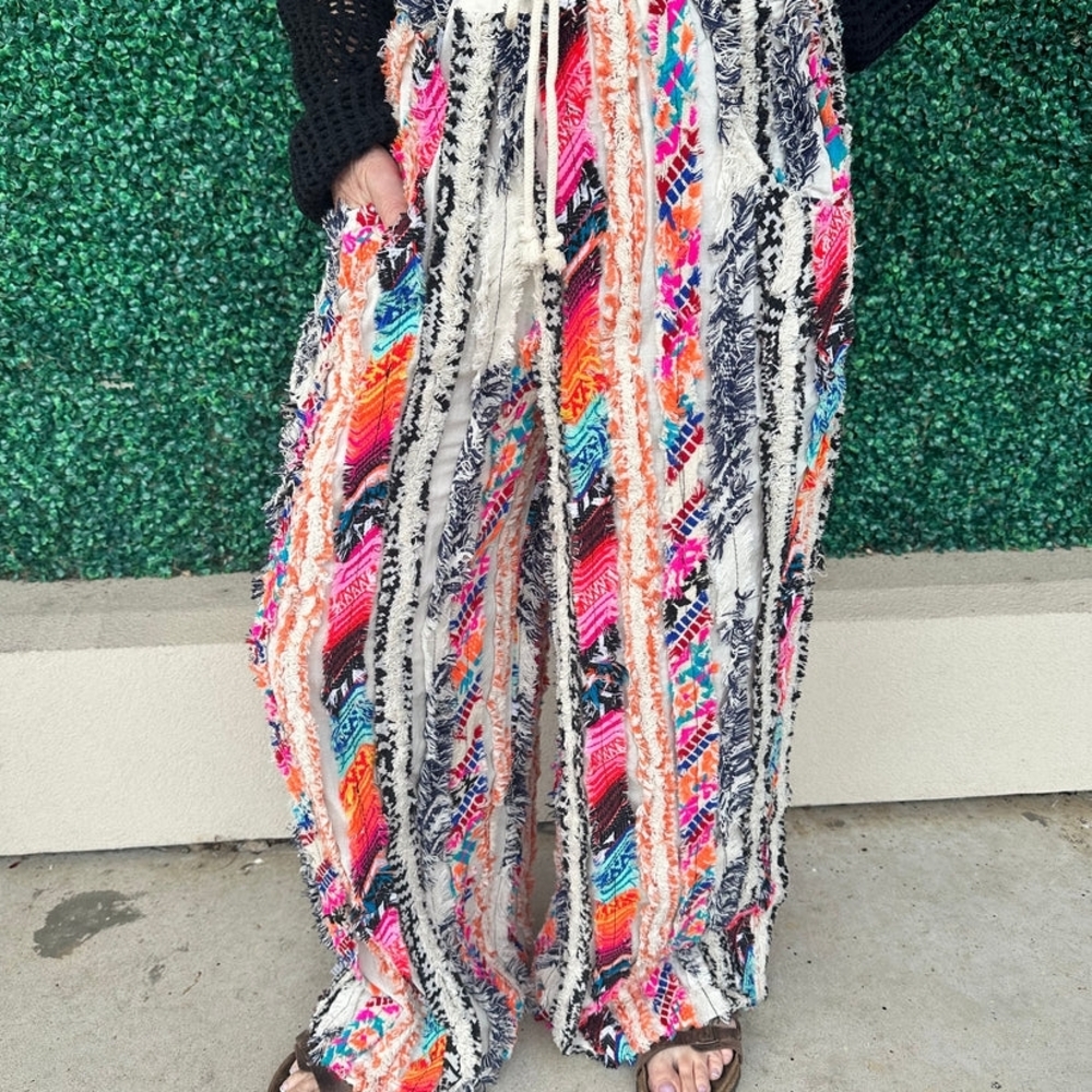 Boho Wide-Leg Printed Drawstring Pants - Multicolor - Picture 5 of 5